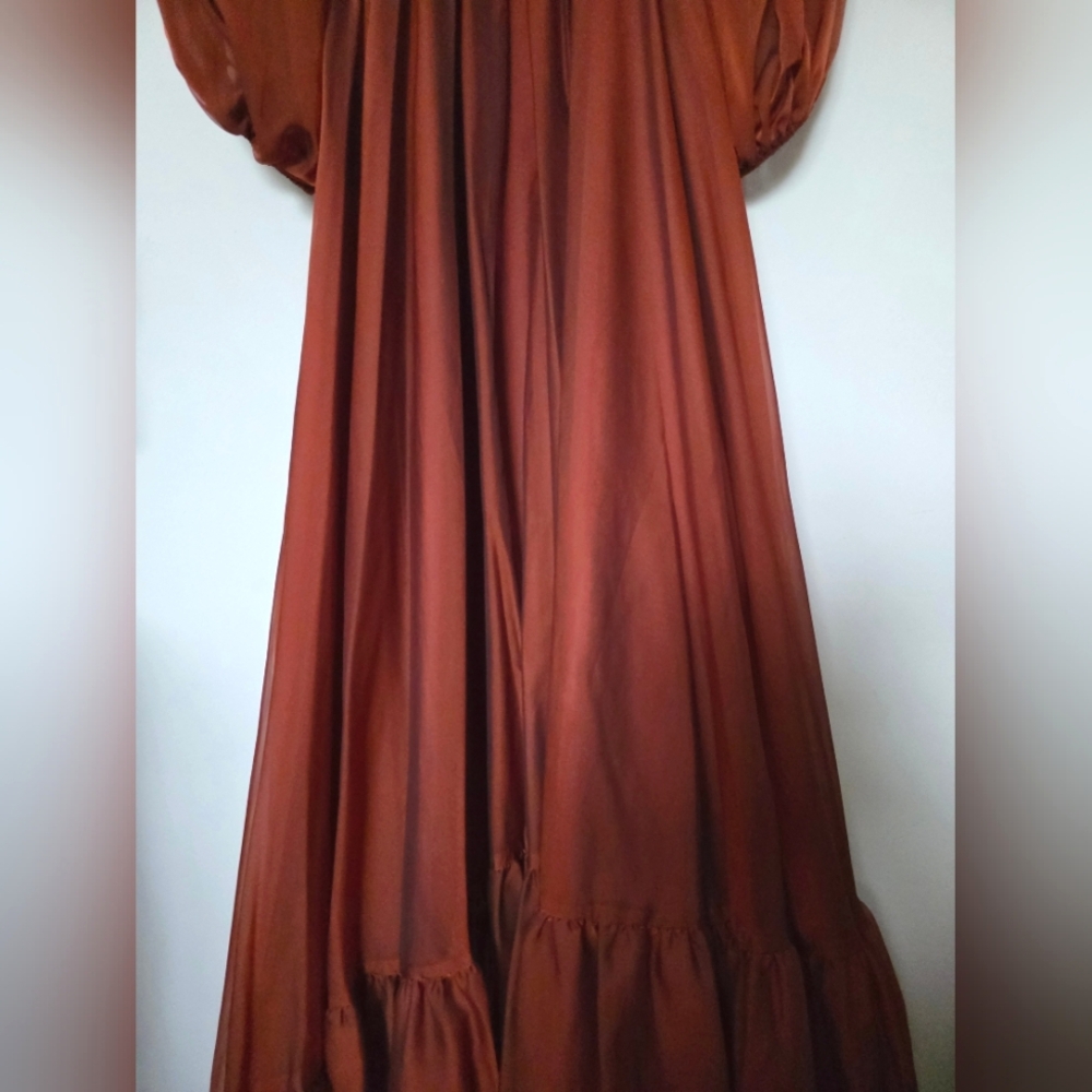 Mac Duggal 67948 Copper Criss Cross Waist Bishop Sleeve Dress Sz. 2 - Picture 4 of 12